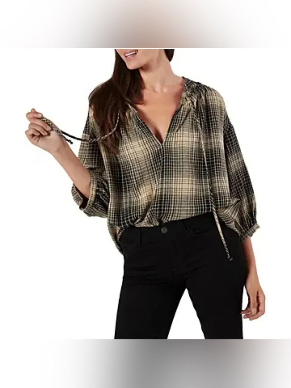 Joie Black & Cream Plaid Peasant Tunic Blouse
